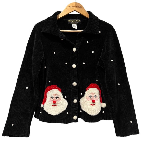 Christopher Radko Vtg Santa Chenille Cardigan, Black, S - Picture 1 of 7